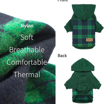 Fitwarm Tartan Plaid Dog Hoodie, Knitted Dog Clothes for Small Dogs Boy, Pet Sweater with Hood, Cat Winter Outfit, Green, Small