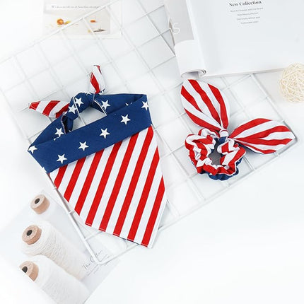 E-Clover 4th of July Dog Bandanas & Matching Scrunchie Set American Flag Dog Scarf Washable Patriotic Pet Bandana Triangle Kerchief Bibs for Medium Large Dogs Owner Gifts
