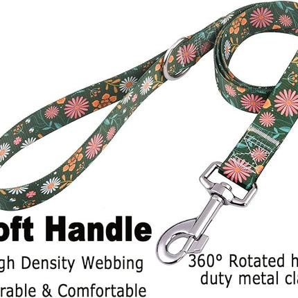 Dog Collar and Leash Set with Bohemia Floral Tribal Geometric Patterns - Soft Ethnic Style Collar Adjustable for Small Medium Large Dogs(Dark Green Flower Set,S)