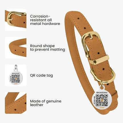 BronzeDog Rolled Leather Dog Collar with QR ID Tag, Adjustable Soft Round Collars for Small Medium Large Dogs Puppy (9" - 11" Neck Size, Mustard)