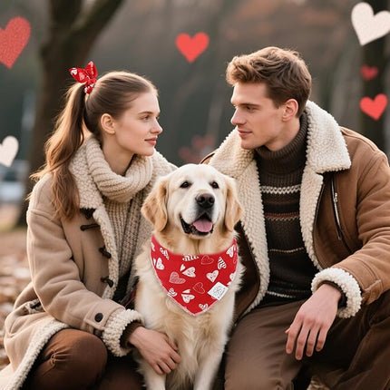 E-Clover Valentines Red Heart Dog Bandanas & Matching Scrunchie Set Cute Girl Dog Scarf Bibs Pet Bandana with Bow Tie for Small Dogs Puppy Owner Mom