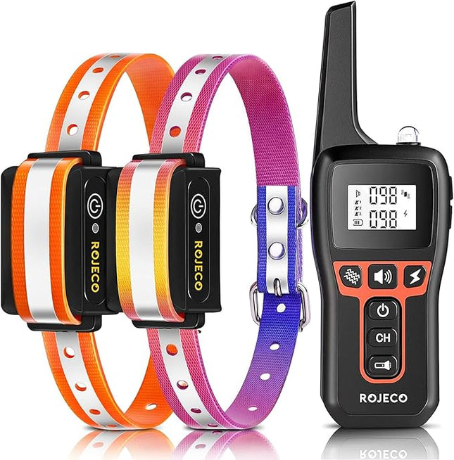 ROJECO Dog Shock Collar for 2 Dogs with 3300FT Remote，IPX7 Waterproof Rechargeable Shock Collar for Large Medium Small 2 Dogs for 4 to 120 lbs，3 Safe Training Modes with Beep，Vibration and Shock