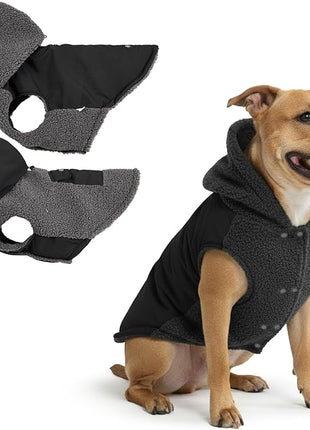 Spark Paws Reversible Fleece Dog Jacket, Hooded Sweater Vest, Warm Coat for Winter - Suitable for Small Medium Large XL XXL Dogs - Black and Grey - 2XL