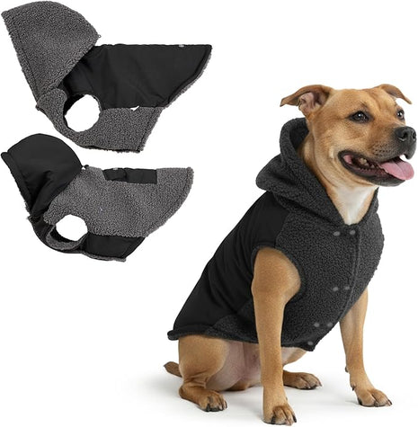 Spark Paws Reversible Fleece Dog Jacket, Hooded Sweater Vest, Warm Coat for Winter - Suitable for Small Medium Large XL XXL Dogs - Black and Grey - 2XL