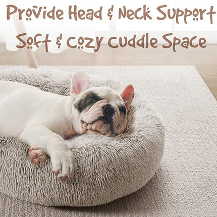 Friends Forever Donut Dog Bed Faux Fur Fluffy Calming Sofa For Large Dogs, Soft & Plush Anti Anxiety Pet Couch For Dogs, Machine Washable Coco Pet Bed with Non-Slip Bottom, 36"x36"x8" Tan