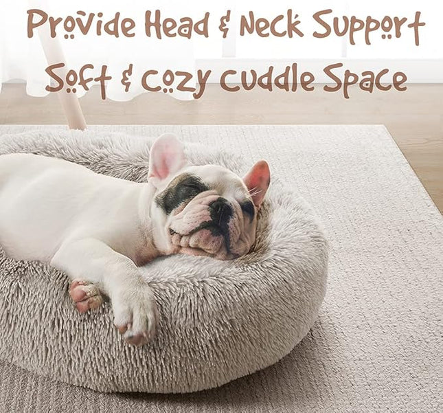 Friends Forever Donut Dog Bed Faux Fur Fluffy Calming Sofa For Large Dogs, Soft & Plush Anti Anxiety Pet Couch For Dogs, Machine Washable Coco Pet Bed with Non-Slip Bottom, 36"x36"x8" Tan