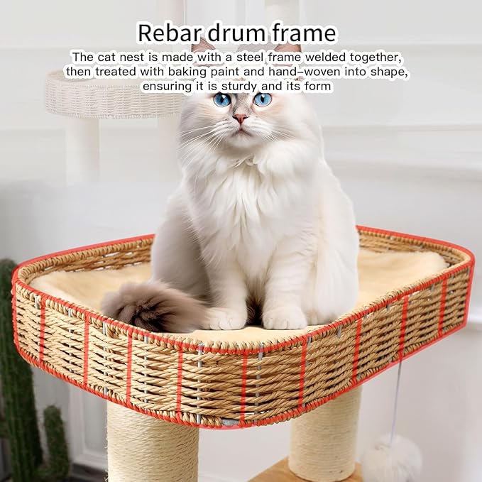 Wood Cat Tree Tower with Space Capsule, Hand-Woven Basket Nest, Feather Toy, Hanging Balls, Sisal Posts, 4-Tier Indoor Climbing 34 Inch Modern Cat Tree Tower for Kittens