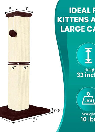 Cat Scratching Post 32 Inch for Indoor Large Cats and Kitten, Nature Sisal Tall Cat Scratch Post, Sisal Cat Scratcher Improve Cat's Scratching Habits and Protect Your Furniture, Beige
