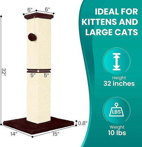 Cat Scratching Post 32 Inch for Indoor Large Cats and Kitten, Nature Sisal Tall Cat Scratch Post, Sisal Cat Scratcher Improve Cat's Scratching Habits and Protect Your Furniture, Beige
