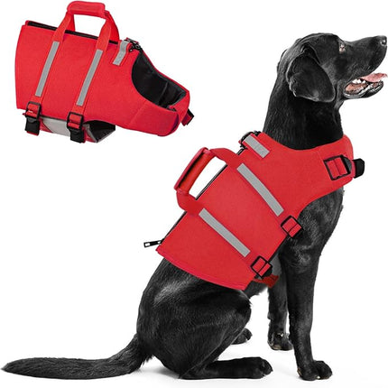 Queenmore Large Dog Life Vest For Swimming, XL Dog Life Jacket, Doggie Life Vest For Swimming Large Breed, Pet Life Jackets For Boating With Rescue Handle, Zipper, Pet Floating Vest For Pool (Red, XL)