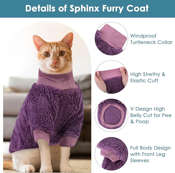 SUNFURA Sphynx Cat Sweater, Hairless Cats Turtleneck Pullover Kitten Sweaters for Cats Only, Warm and Soft Cat Pajamas Shirt with Sleeves Pet Winter Clothes Fleece Jumpsuit for Puppy, Purple L