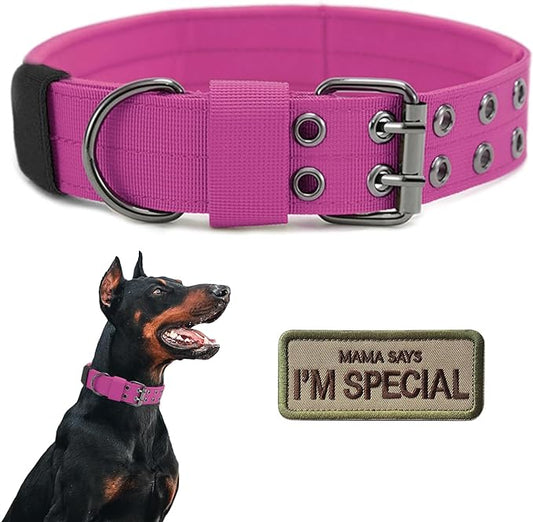 Tactical Dog Collar Military Adjustable Dog Collars Soft Nylon Training Collar with Patch Heavy Duty Metal Buckle Collars for Medium Large Dogs (Pink, XL)