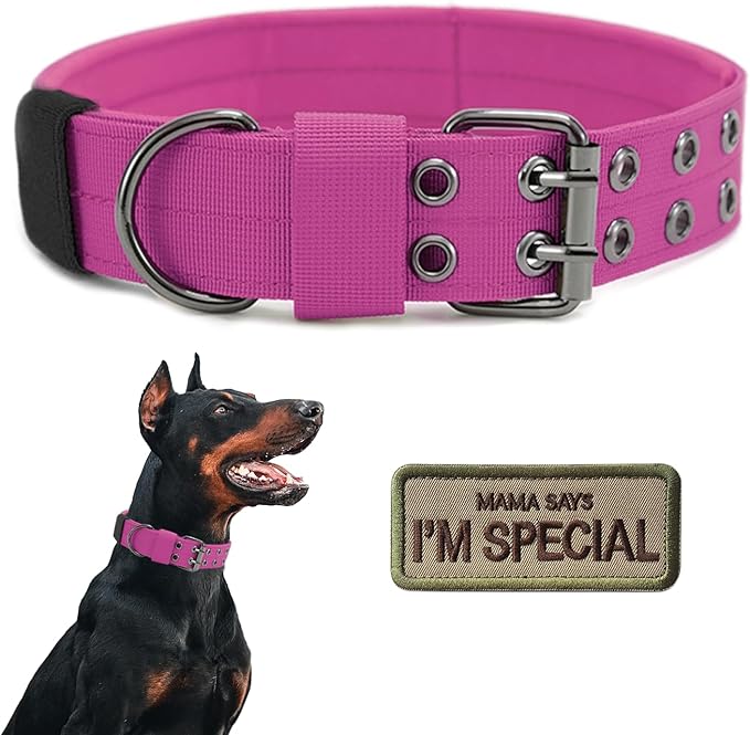 Tactical Dog Collar Military Adjustable Dog Collars Soft Nylon Training Collar with Patch Heavy Duty Metal Buckle Collars for Medium Large Dogs (Pink, L)