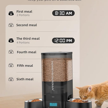 HoneyGuaridan 5L Automatic Cat Feeder for Two Cats, Cat Food Dispenser with Stainless Steel Bowl,Timed Feeder Programmable 1-6 Meals Control, Dual Power Supply,Desiccant Bag Black