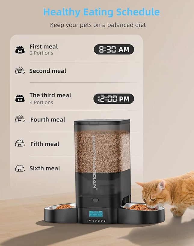 HoneyGuaridan 5L Automatic Cat Feeder for Two Cats, Cat Food Dispenser with Stainless Steel Bowl,Timed Feeder Programmable 1-6 Meals Control, Dual Power Supply,Desiccant Bag Black