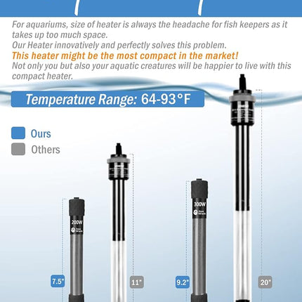 AquaMiracle Adjustable 200W Aquarium Heater Submersible Fish Tank Heater Super Short Aquarium Heater with LED Digital Display Thermostat, for Tanks 20-40 Gallons