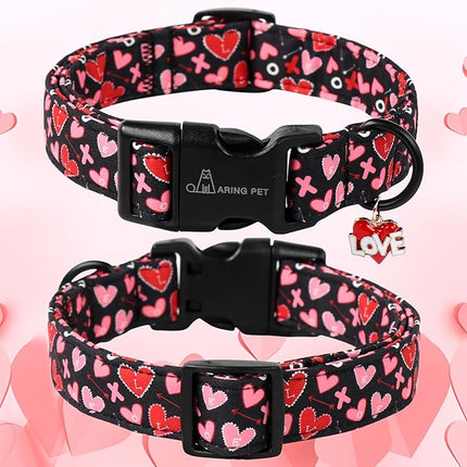 ARING PET Valentine's Day Dog Collar, Cute Black Red Pink Heart Pet Collars with Love Pendant for Puppy Small Medium Large Boy Girl Dogs-XS