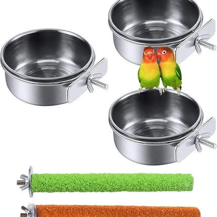 PINVNBY Stainless Steel Food Bowls for Birds,Bird Feeding Dish Cups Parrot Water Feeder Bowl with Clamp Holder Paw Grinding Perches for Budgies Parakeet Macaw Small Animal(5 Pack)