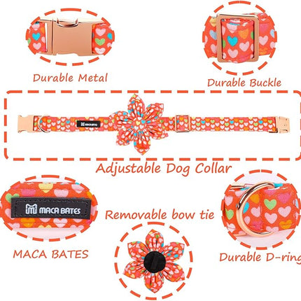 Maca Bates Valentine's Day Dog Collar with Floral Bow for Extra Small Girl Boy Dogs,Colorful Love Hearts Pattern,Adjustable Durable Soft Valentine Gift for Female Male Puppy