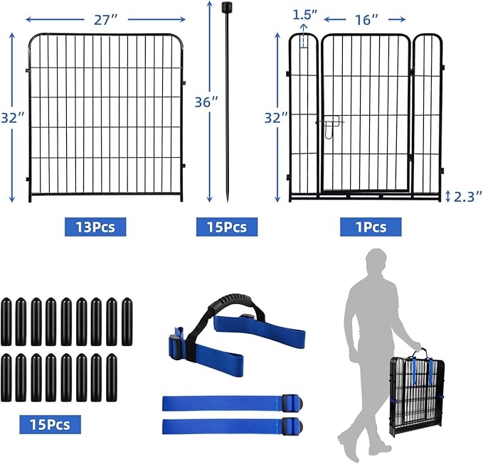 ADAVIN Garden Fence with Gate 32in(H) x 31 ft(L),14 Panels Black Heavy Duty Iron Metal Animal Barrier Fence, Indoor&Outdoor Dog Playpen, Camping Fence, No Dig Garden Border Fencing for Yard