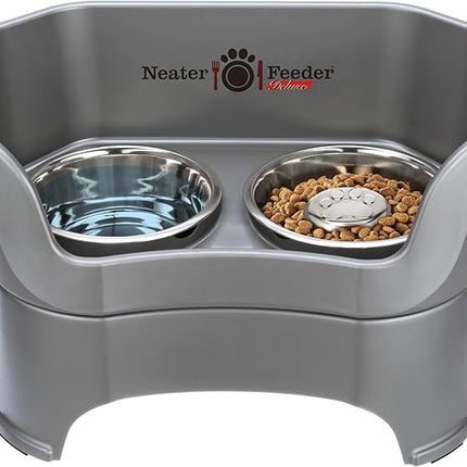 Neater Feeder Deluxe Mess Proof Dog Bowls Elevated for Large Breeds – Made in USA – No Spill Raised Slow Feeder Elevated Dog Bowl Stand, Stainless Steel Food and Water Bowl Set, Grey