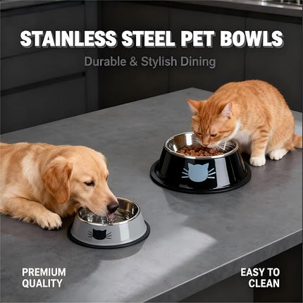 Cat Bowls for Food and Water,4PCS Rapsrk Non-Slip Stainless Steel Small Food Bowls 8 Oz Pet Bowl with Removable Rubber Base Dog Bowl,Stackable Cat Puppy Dishes Bowls with Cute Cats Painted