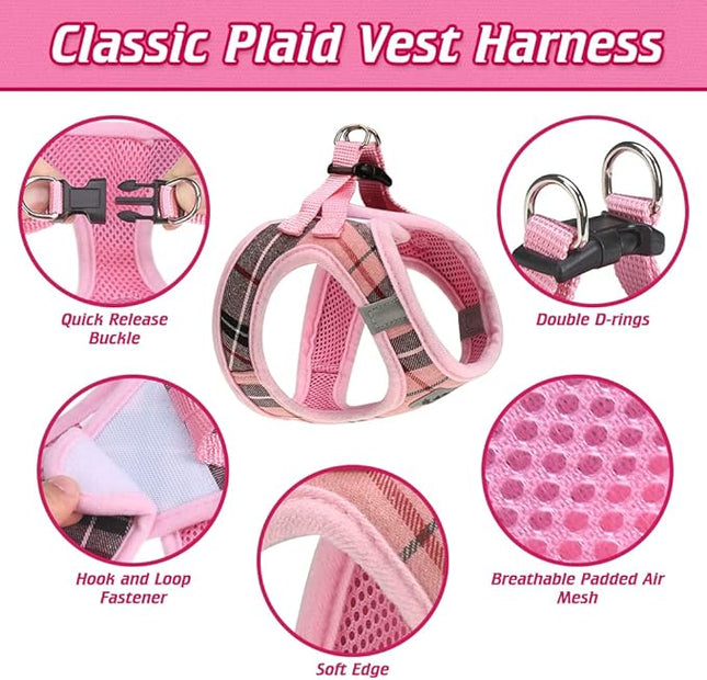 EXPAWLORER Classic Plaid Puppy Harness - Small Dog Harness and Leash Set - Dog Collar and Leash Set with AirTag Holder, Soft Padded Step in Dog Vest Harness No Pull Reflective for Outdoor, Pink M