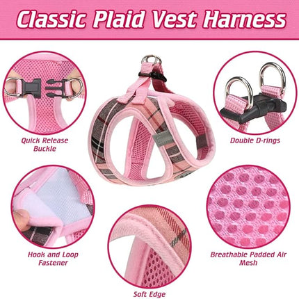 EXPAWLORER Classic Plaid Puppy Harness - Small Dog Harness and Leash Set - Dog Collar and Leash Set with AirTag Holder, Soft Padded Step in Dog Vest Harness No Pull Reflective for Outdoor, Pink XS
