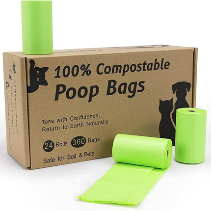 Loveishere 100% Compostable & Biodegradable Poop Bags(360 Bags, 24 Rolls) - 20 Micron Thick, Guaranteed Leak Proof, ASTM D6400 & EN 13432 Certified (Green)