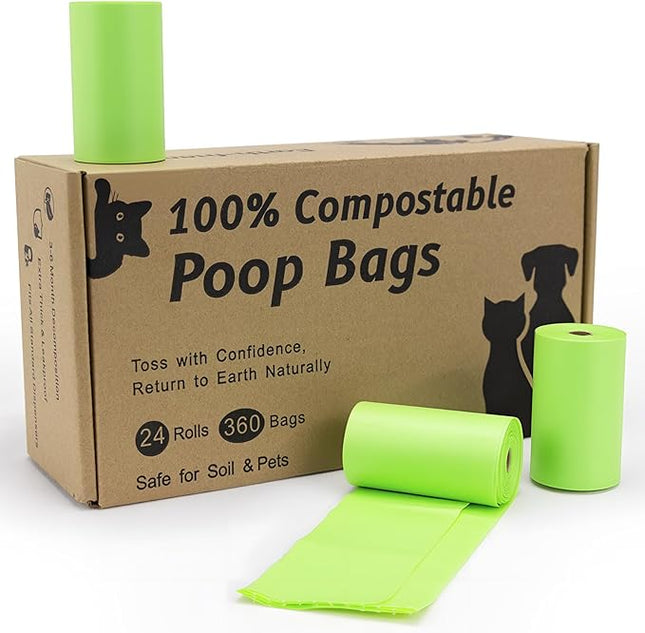Loveishere 100% Compostable & Biodegradable Poop Bags(360 Bags, 24 Rolls) - 20 Micron Thick, Guaranteed Leak Proof, ASTM D6400 & EN 13432 Certified (Green)