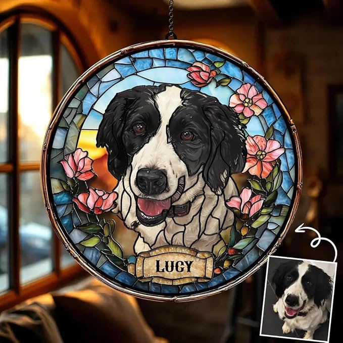 Custom Dog Portrait Stained Glass Light Catcher, Pet Memorial Stained Glass Photo Light Catcher, Staineds Glass Dog Memorial, Loss of Dogs Sympathy Gift Personalized, Pet Loss Gift /1