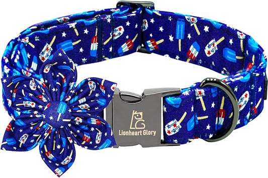 Lionheart glory American Flag Dog Collar 4 of July Dog Collars with Flower Independence Patriotic Dog Flower Collars Heavy Duty Adjustable Collar Flower for Small Dogs Pet Gift