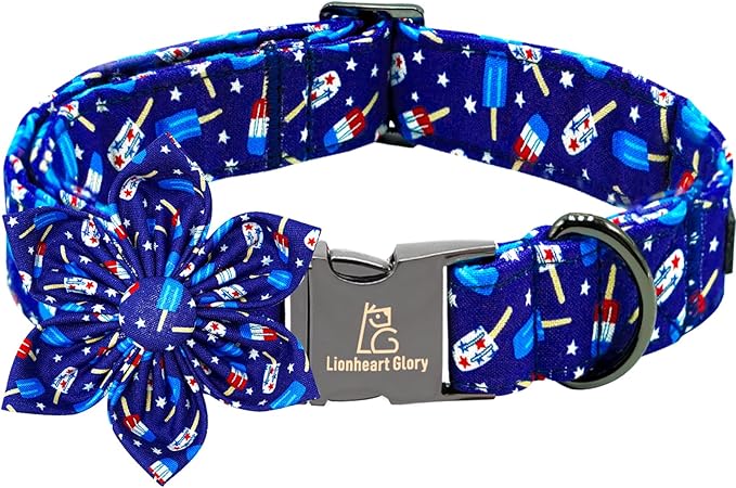 Lionheart glory American Flag Dog Collar 4 of July Dog Collars with Flower Independence Patriotic Dog Flower Collars Heavy Duty Adjustable Collar Flower for Large Dogs Pet Gift