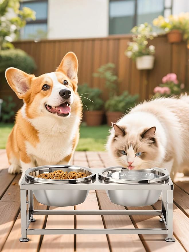 49OZ Full Metal Raised Dog Bowls for Small Dogs - 3 Height Adjustable (6.3'', 7", 7.7") Food Water Bowl, Stainless Steel Elevated Dog Bowl Feeder Station for Relief Joint Pressure