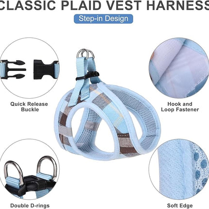 EXPAWLORER Classic Plaid Puppy Harness - Small Dog Collar and Leash with AirTag Holder Case - Soft Mesh Padded Adjustable Dog Vest Harness No Pull, Reflective Escape Proof for Outdoor, Blue S