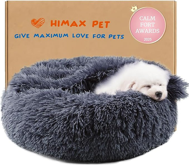 Himax Dog Beds for Small Dogs, Donut Dogs Beds with Blanket Attached, Calming Dog Bed Washable (20"/26"/35") Grey