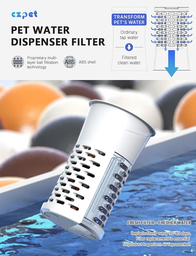 CZPET Dog Water Bowl Dispenser with Filter, Automatic Dog and Cat Water Dispenser with Stainless Steel Bowl, Gravity Waterer, Large Capacity, and Quiet Drinking Area for Pets (8L+Filter,Black)