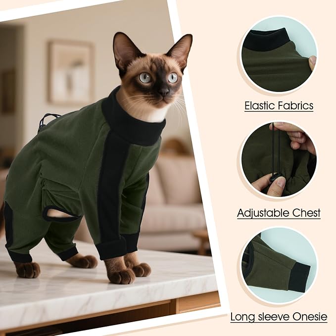 DENTRUN Cat Clothes with Anti-Shedding Fabric - Soft Recovery Suit & Breathable Lint-Resistant Cat Sweater for Wound Care & Hair Control, Kitten Onesie Pajamas, XXL, Army Green