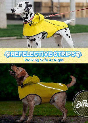 BiPawTi Dog Rain Jackets for Large Dogs, Waterproof Raincoat for Dog, Lightweight Reflective Safety Pet Rain Coats with Hood/Leash Hole/Reflective Strip - Yellow, L