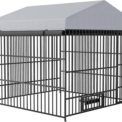 Large Outdoor Dog Kennel with Roof, 6.6’ x 6.6’ x 6.4’ Metal Pet Enclosure, UV & Weatherproof, Spacious Dog Run with Adjustable Feeders Suitable for Dogs, Chickens, Rabbits & More