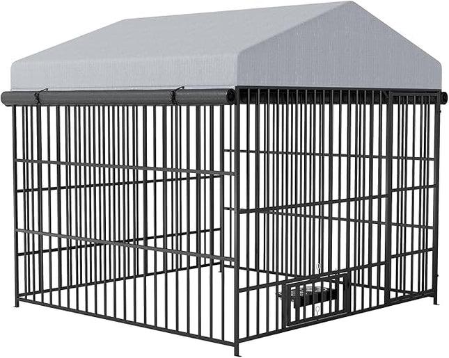 Large Outdoor Dog Kennel with Roof, 6.6’ x 6.6’ x 6.4’ Metal Pet Enclosure, UV & Weatherproof, Spacious Dog Run with Adjustable Feeders Suitable for Dogs, Chickens, Rabbits & More