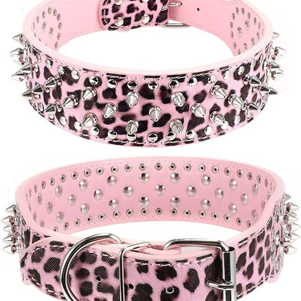 Hoot PU Leather Adjustable Spiked Studded Dog Collar 2" Wide 31 Spikes (S(Neck 17"-20"), Pink Leopard)