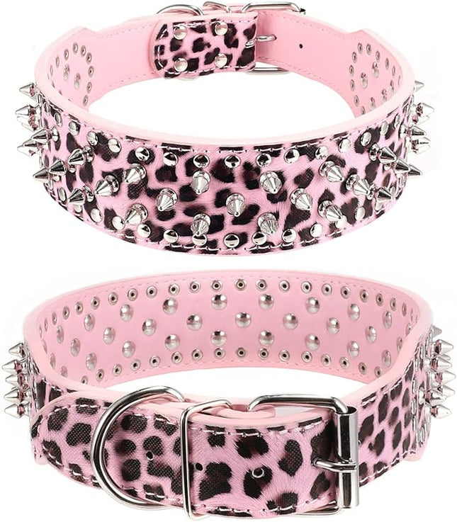 Hoot PU Leather Adjustable Spiked Studded Dog Collar 2" Wide 43 Spikes (L(Neck 21"-24"), Pink Leopard)