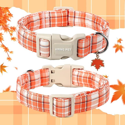 ARING PET Fall Dog Collars, Cute Orange White Plaid Halloween Autumn Pumpkin Maple Leaves Pet Collar with Quick Release Buckle for Small Medium Large Girl Boy Dogs-XS