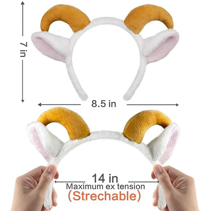 Beviliu Goat Ears Headband with Ram Horns, Animals Ears and Horns Headband, Sheep Ears Custome Lamb Ears Headwear for Halloween Christmas Birthday Party Theme Cosplay Washing Face