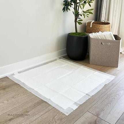 Bulldogology Puppy Pee Pads XXL with Adhesive Sticky Tape - Extra Large Dog Training Wee Pads (30x30) 6 Layers with Extra Quick Dry Bullsorbent Polymer Tech (30-Count, White)