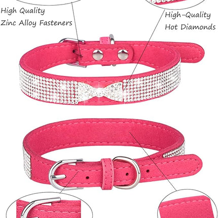 Dog Collar for Small Dogs, Adjustable Leather Suede Bling Dog Collars，Pink Dog Collar Cat Collar, Rhinestone Dog Collar (L, Rose red4)