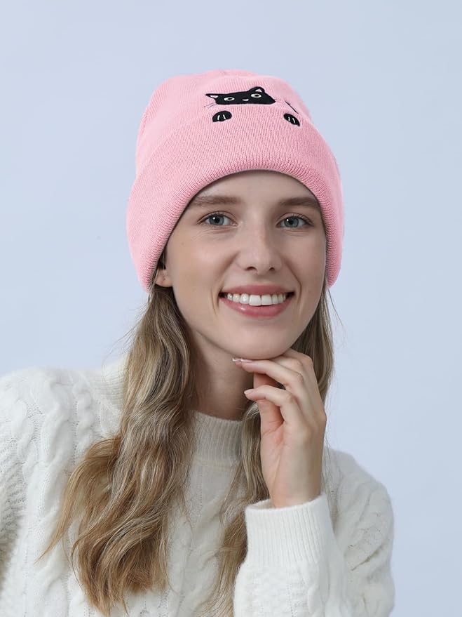 Women’s Cat Beanie Cute Cat Lover Gifts Animal Knitted Hats Christmas Stocking Stuffers for Women Girls