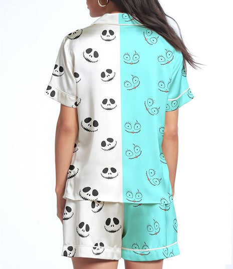 Women’s Silk Satin Pajama Set, Short Sleeve Button Down 2 Piece PJs with Shorts, Cozy Loungewear & Matching Holiday Pajamas