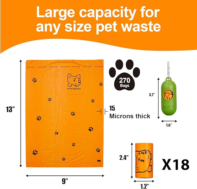 270 Counts Dog Poop Bags Rolls with Dispenser & Leash Clip, Scented Poop Bags for Dogs Waste, Extra Thick & Leak Proof for Poop Doggie Puppy Pet Waste, 9" x 13", Orange